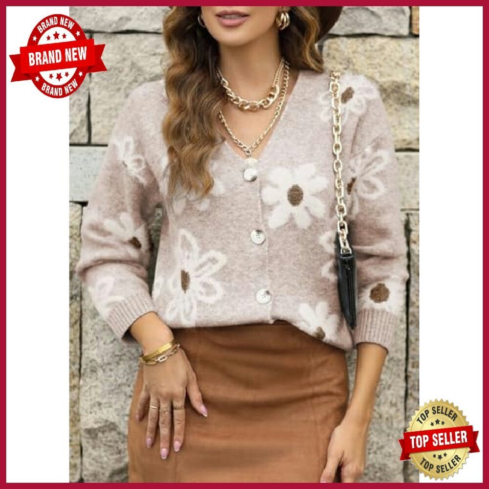 Floral V-Neck Cardigan Sweater Long Sleeve Open Front Knit - Picture 3 of 7